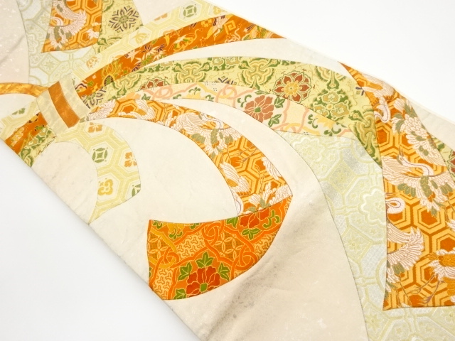 リサイクル　切嵌束ね熨斗に花鳥・古典柄模様織出し袋帯